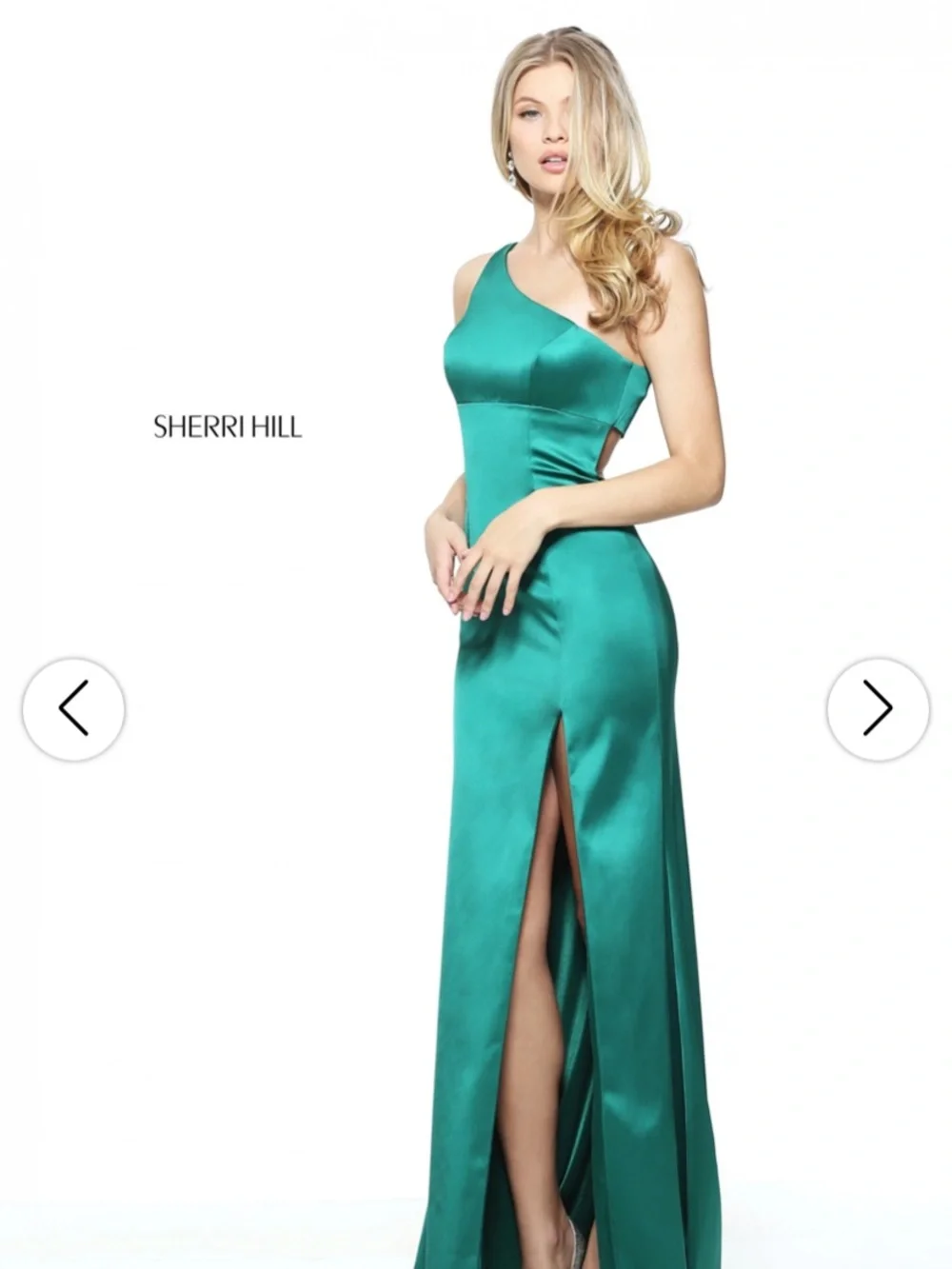 Sherri Hill 510007 Emerald One-Shoulder Satin Slit Gown Size 10